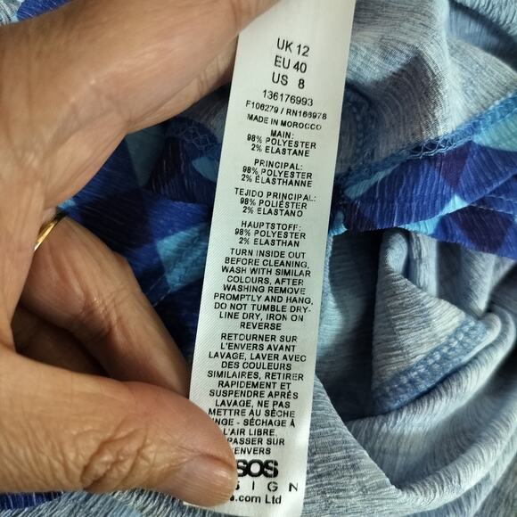 4682) Asos Design Blue Check Puff Sleeve Trapeze Maxi Dress Size 8 - Picture 8 of 9